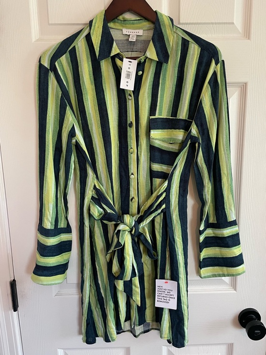 Topshop Dresses & Skirts - Topshop Green Stripe Belted Shirt Dress Size 2 Coastal Dopamine Dressing Minimal